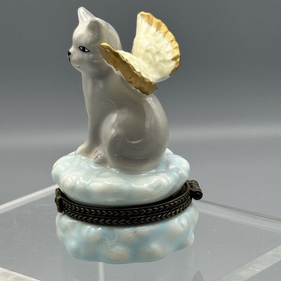 Vtg Unmarked Angel Cat Sitting on Cloud Hinged Trinket Box Heavenly Winged Kitty - Picture 8 of 10